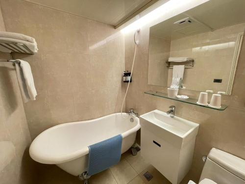 台北新仕飯店-New City Hotel的带浴缸、卫生间和盥洗盆的浴室