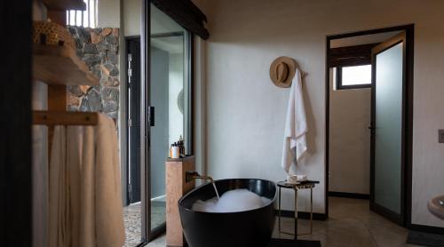 LentswelemoritiEuphorbia Mashatu的浴室配有黑色浴缸和淋浴。