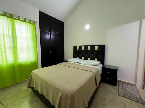 TucacasTucacasposadas的一间卧室配有一张大床和绿帘