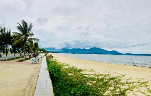 岘港DanaBeach Motel的棕榈树海滩,海洋和长凳