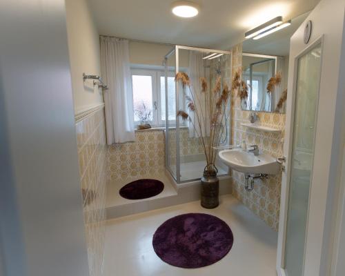 里姆斯廷格Gästehaus Nigglhof的带淋浴、盥洗盆和镜子的浴室