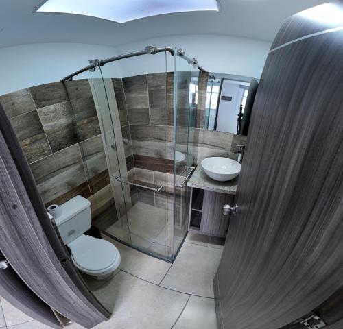 卡拉尔卡Hotel Plaza Paris的带淋浴、卫生间和盥洗盆的浴室