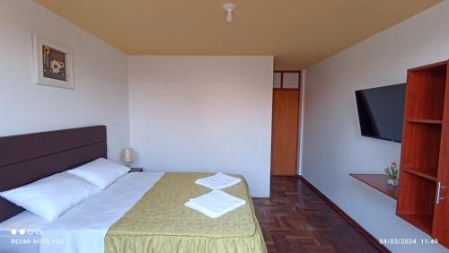 塔克纳Montecristo Hotel的一间卧室配有一张床和一台平面电视