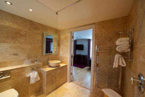 马诺比尔Tudor Lodge Bed & Breakfast的带淋浴、盥洗盆和卫生间的浴室