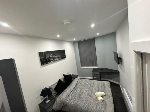 Beeston HillLuxurious 2 bedroom flat的一间小卧室,配有一张床和电视