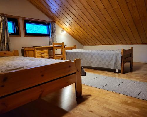 阿卡斯洛姆波罗Mäntymajat的一间卧室设有两张床和木制天花板