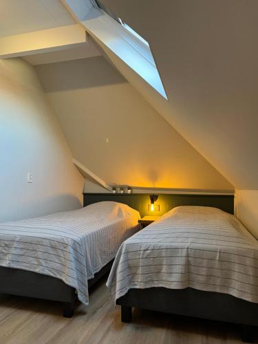 BaaiduinenIt Bûthús的阁楼卧室设有两张床和天窗