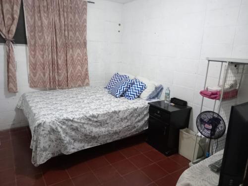 Nueva San SalvadorSanta Tecla Acogedora Guest House的一间卧室配有一张带蓝色枕头的床。