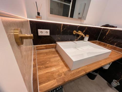 巴特利普施普灵格Kurpark Oase的木制柜台上带白色水槽的浴室