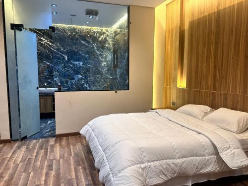 卢克索Farida Habu Palace Hotel的一间卧室设有一张床和一个大窗户