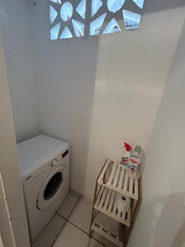 MatouryL'escale de Paramana Ouest的一间带洗衣机和架子的小浴室