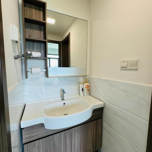 振林山Forest city Sea view homestay的一间带水槽和镜子的浴室