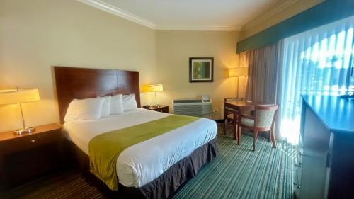 亨廷顿海滩亨廷顿海滩酒店的配有一张床和一张书桌的酒店客房