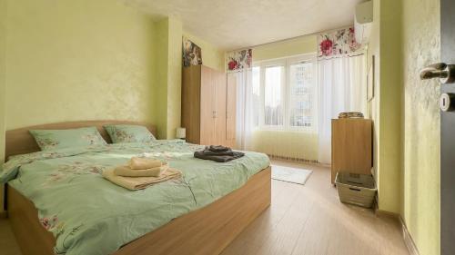 索非亚Апартамент Панчо的一间卧室配有一张带绿色床单的床和一扇窗户。