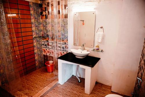 兰纳加Corbett Tiger Retreat的一间带水槽和镜子的浴室
