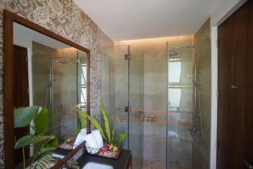 爱妮岛Pandan Villas, El Nido的一间带玻璃淋浴和水槽的浴室