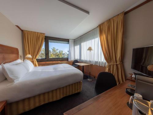 里昂索菲特里昂贝勒库尔酒店的酒店客房配有一张床、一张书桌和一台电视。