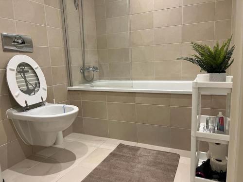 谢菲尔德cosy and prime location的浴室配有卫生间、盥洗盆和浴缸。