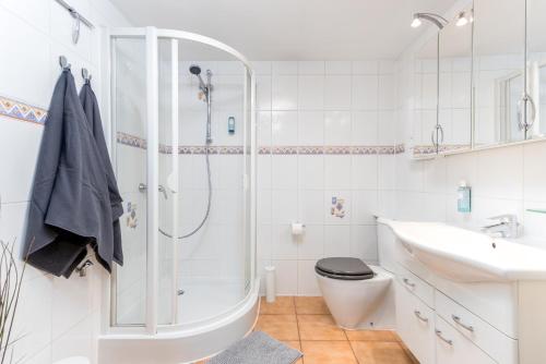 萨尔布吕肯Forest idyll - modern 2 room apartment的带淋浴、卫生间和盥洗盆的浴室