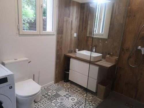 谢韦尔尼Gîte des Pins-Chambord-Beauval的浴室配有卫生间、盥洗盆和淋浴。