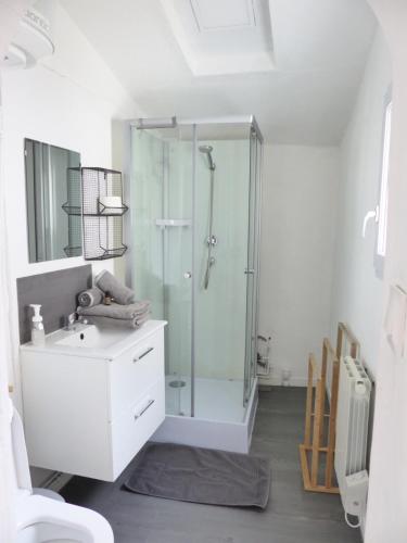 Basse-IndreLA PETITE MAISON TAHET, 2 pers avec terrasse的一间带玻璃淋浴和水槽的浴室