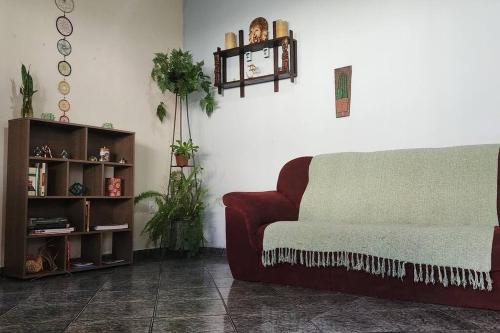 圣若昂-德雷Casa Dhamma的带沙发和书架的客厅