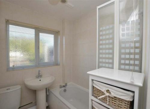 圣奥尔本斯Cosy & Peaceful 3B Home in Sandridge, St Albans的白色的浴室设有水槽和卫生间。