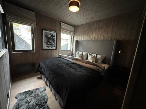 哈山Hafjell Front 8pers, Ski in/out. Downhill Bike的一间卧室配有带枕头和地毯的床