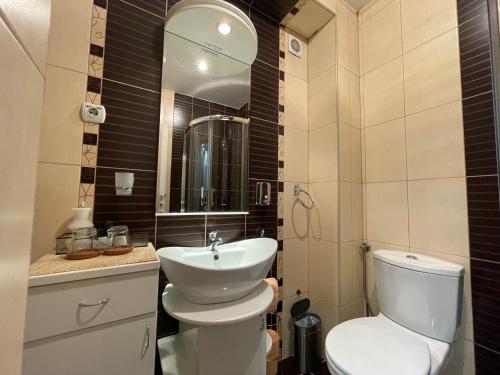 克鲁舍瓦茨Charme apartman的一间带卫生间、水槽和镜子的浴室