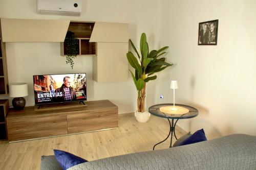 奥尔比亚Casa Moderna的木质娱乐中心设有带平面电视的客厅。