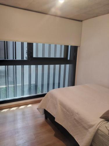 蒙得维的亚South Apartments的一间卧室设有一张床和一个大窗户