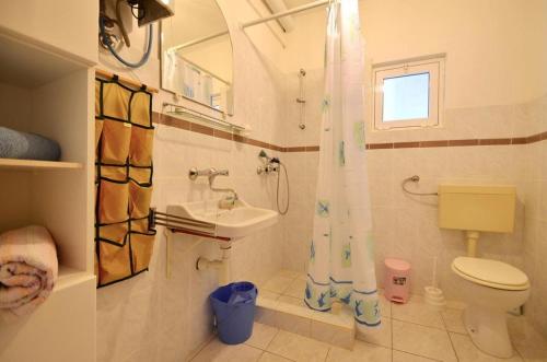 普利兹巴Seaside secluded apartments Cove Vela Borova, Korcula - 15062的浴室设有卫生间水槽和淋浴帘