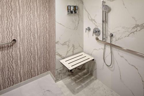 里诺Whitney Peak Hotel Reno, Tapestry Collection by Hilton的浴室设有带长凳的步入式淋浴间