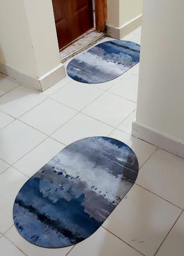 RuiruAirbnb的门前地板上两个蓝色垫子