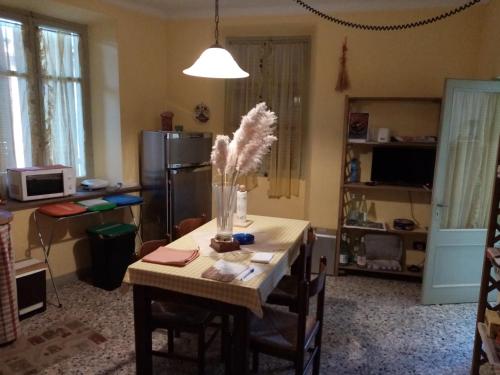 Frassinello OlivolaI tre gatti的厨房配有一张桌子,上面放着花瓶