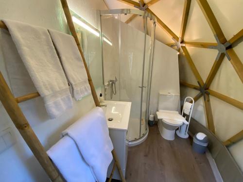 科拉雷斯Dome - Colares, near the center of Sintra的蒙古包内带水槽和卫生间的浴室