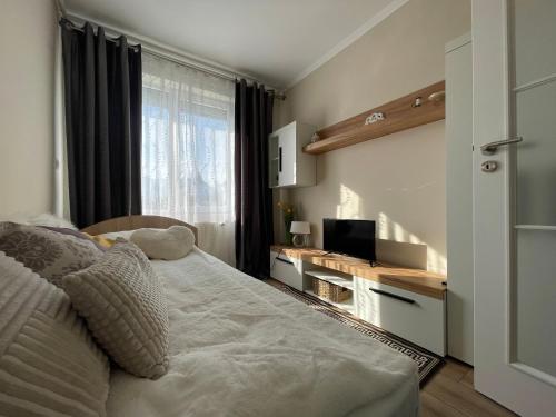维多利亚Victoria City View的一间卧室配有一张床和一张书桌及电视