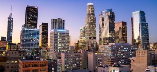 洛杉矶Historic Downtown LA Loft - Urban Charm的享有城市天际线和高楼的景色