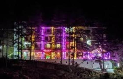 库尔卢Hotel Saryal , Kullu的一座晚上有紫色灯光的建筑