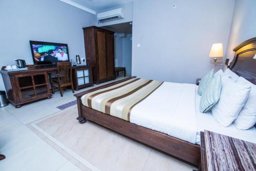 巴雷利Hotel Le Cypress的一间卧室配有一张带电视和书桌的床。