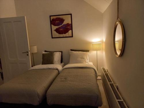 里姆斯特Casa Barata的小型客房的两张床,配有镜子