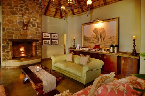 马迪克韦狩猎保护区Motswiri Private Safari Lodge的带沙发和壁炉的客厅