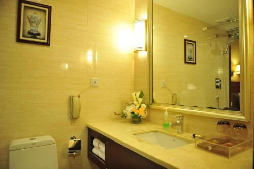 昆明Kunming Zhong Huang Hotel的一间带水槽和大镜子的浴室