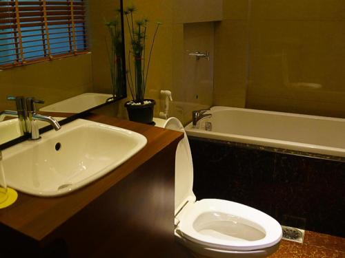 Lagao IIIZanrock Micro Hotel的浴室配有盥洗盆、卫生间和浴缸。
