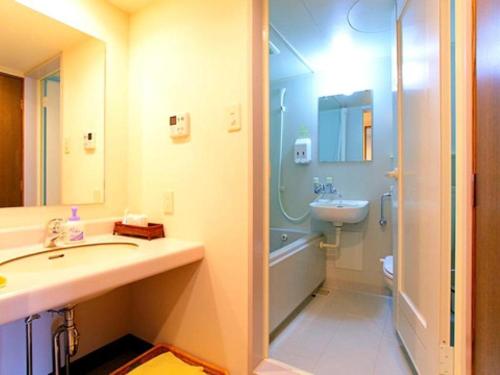 一关Tategamori Kogen Hotel的一间带水槽、淋浴和卫生间的浴室