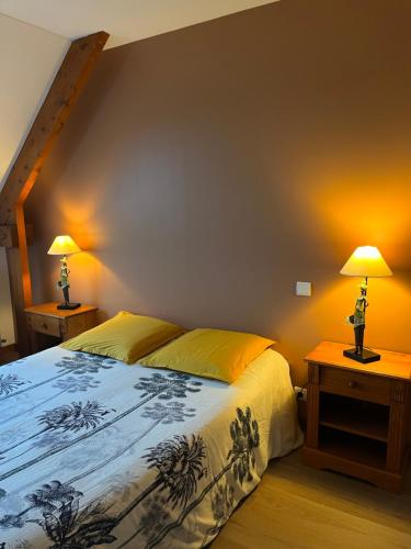 Huisnes-sur-Mer勒莫林德拉布特酒店的一间卧室配有一张床和两张台灯。