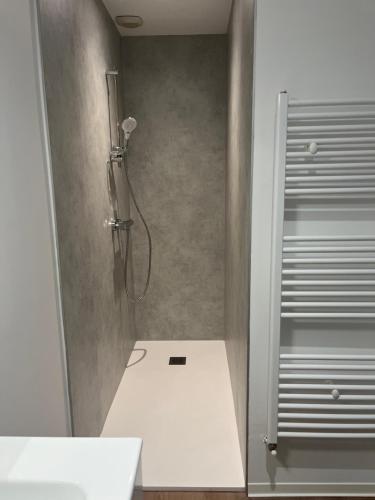 Huisnes-sur-Mer勒莫林德拉布特酒店的带淋浴、卫生间和盥洗盆的浴室