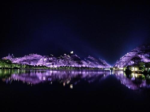 安顺Chonpines Hotels·Anshun Taixiang Baili的水中反射的城市的夜景