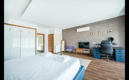 切什梅Luxury Seadside Vacation Villa with Privacy (extra comfort for large groups)的一间卧室配有一张床、一张书桌和一台电视