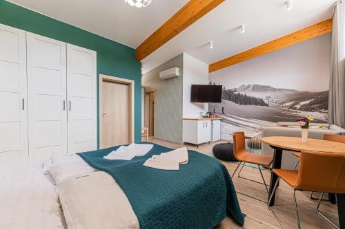 奥拉维斯MEANDER THERMAL & SKI REZORT ORAVICE的一间卧室配有一张床、一张桌子和一台电视。